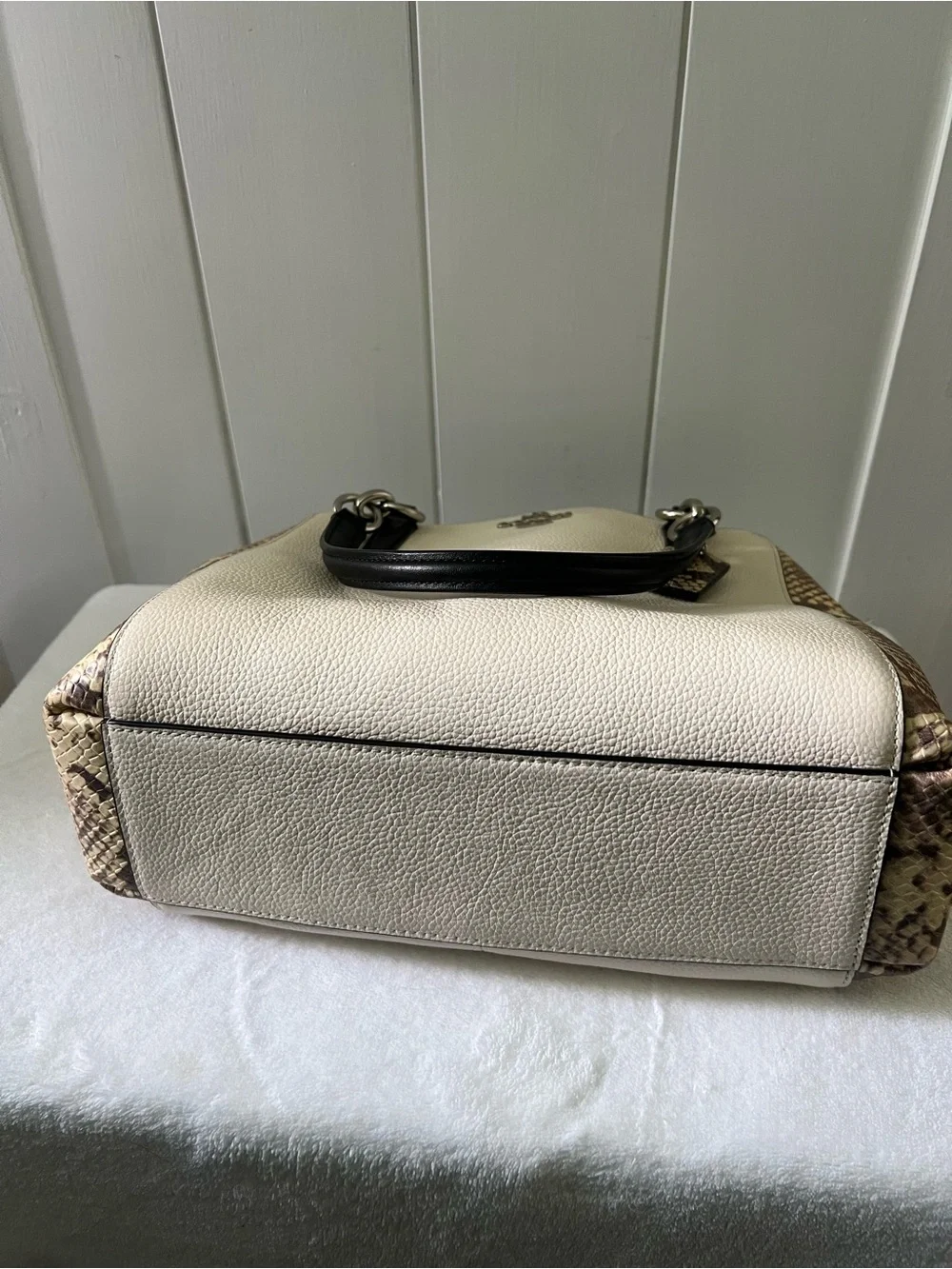 Coach Cream Pebble Leather Satchel with Black Handles and Snake-Print Trim